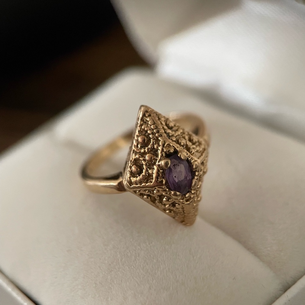 Etruscan 14k Gold Hand Wrought Granulated Filigree Scroll Lozenge Statement Ring - Picture 2 of 15